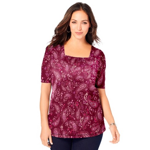 Jessica London Women's Plus Size Square Neck Tee, 18/20 - Burgundy ...