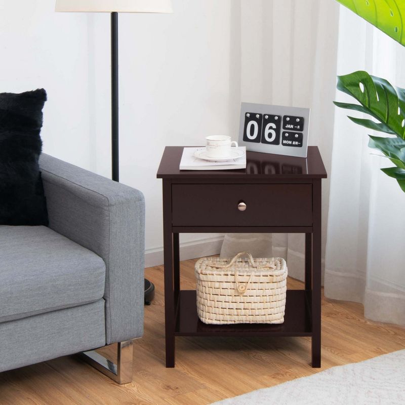 Costway Nightstand with Drawer Storage Shelf Wooden Bedside Sofa Side Table White\Brown, 2 of 13