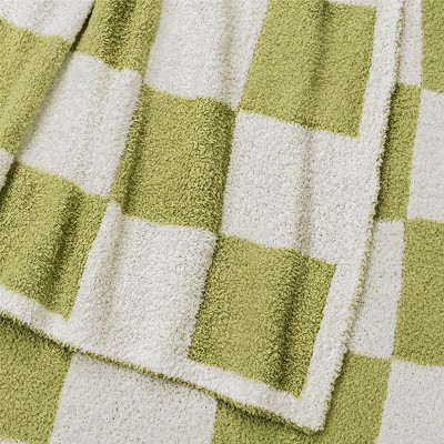 Sage Green and White Checkered Fleece Throw Blanket