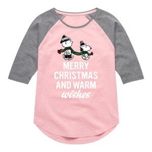 Girls' - Peanuts - Charlie Brown & Snoopy Merry Christmas Warm Wishes Shirt Tail Raglan Graphic T-shirt - 1 of 4