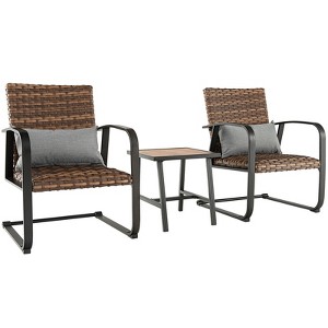 Tangkula Set of 3 Rattan Furniture Bistro Set C-Spring Chair Padded Seat Patio - 1 of 4