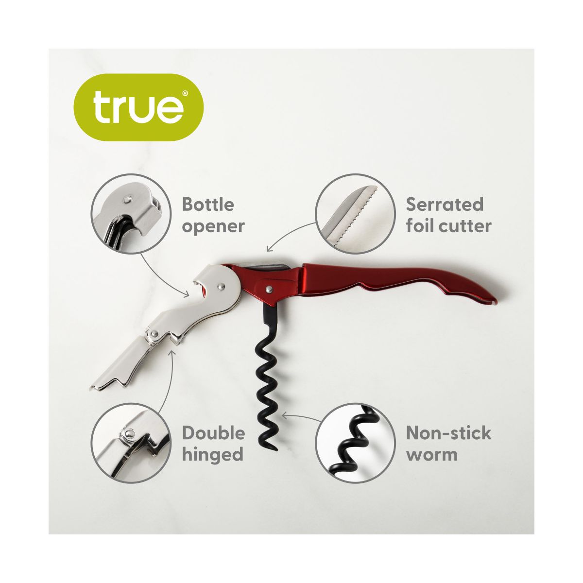 True Truetap Double Hinged Corkscrew Wine Opener, Stainless Steel Wine Key, Built-in Bottle Opener & Foil Cutter, Home Bar Gifts, Travel, Metallic Red - thumbnail 2