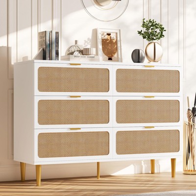 Rattan 6 Drawer Dresser for Bedroom, White Double Dresser with Golden Handles, Wooden Chest of Drawers for Closet for Living Room, Hallway, Nursery