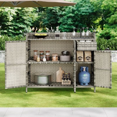 YOOCOZZ Wicker Weatherproof Outdoor Storage Cabinet with Tempered Glass Top, 47.5"L
