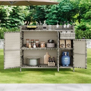 YOOCOZZ Wicker Weatherproof Outdoor Storage Cabinet with Tempered Glass Top, 47.5"L - 1 of 4