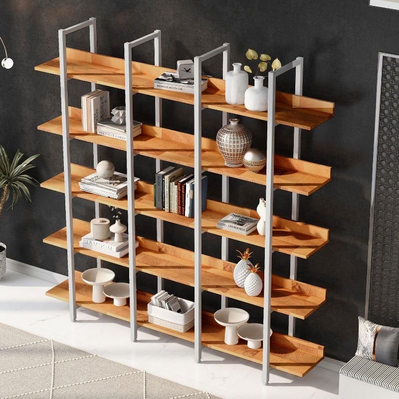 5 Tier Bookcase Home Office Open Bookshelf, Vintage Industrial Style Shelf Wood and Metal Etagere Bookshelves for Home Decor Display-The Pop Home, 2 of 12