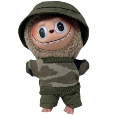 Doll Clothes Superstore Camouflage Knit Shirt with Military Green Hat and Shorts for 17.5 cm Labubu Dolls