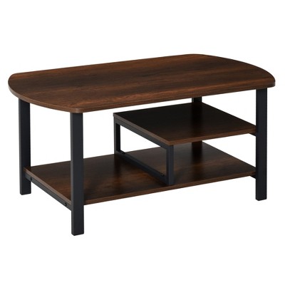 HOMCOM Vintage Industrial Coffee Table with Under-Top Storage Shelves and Rounded Corners Dark Wood Color