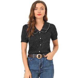 INSPIRE CHIC Women's Vintage Polka Dots Peter Pan Collar Puff Short Sleeve Shirt - 1 of 4