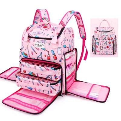 Saviland Portable Large Rolling Nail Polish Organizer Case - Pink Irregular Floral Print, Holds 80 Bottles (3 Tiers)
