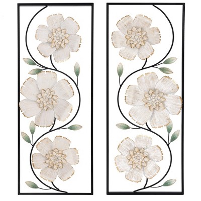 LuxenHome Off White and Gold Magnolia Flowers Black Metal Rectangular Wall Decor Home Decor Ornament Decoration Set of 2 Multicolored