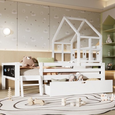 NicBex Twin/Full House Platform Bed Frame with Ladder and Storage Drawers for Kids,Wood Platfrom Bed Frame with 2 Blackboards Design,Easy Assembly