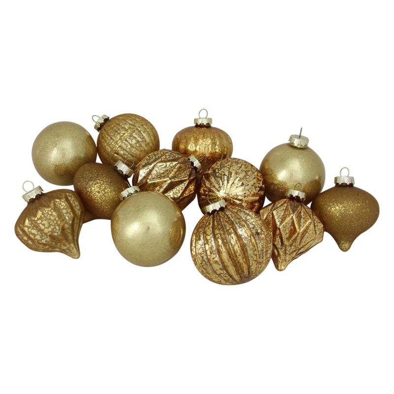Northlight 12ct Gold Mercury Glass Style Glass Christmas Ornament Set 3", 1 of 4