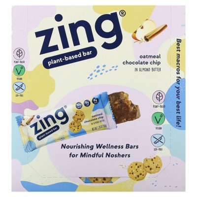 Zing Bars Plant-Based Bar, Oatmeal Chocolate Chip In Almond Butter, 12 Bars, 1.76 oz (50 g) Each
