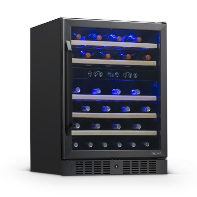 NewAir 24” Built-in 46 Bottle Dual Zone Compressor Wine Fridge in Black Stainless Steel, Quiet Operation with Beech Wood Shelves