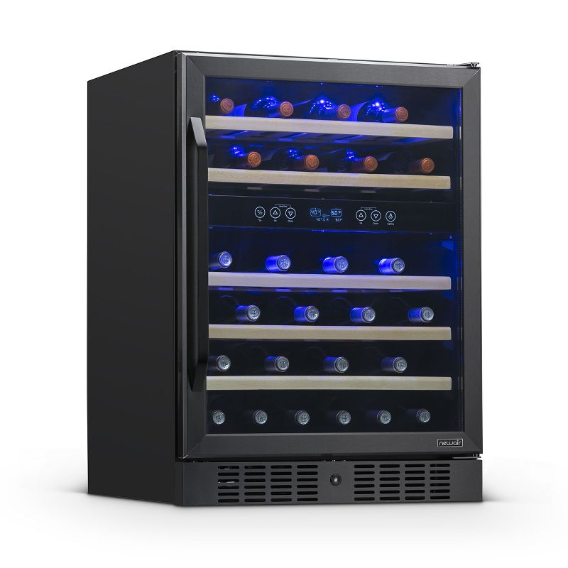 Newair 24" Built-in 46 Bottle Dual Zone Compressor Wine Fridge in Black Stainless Steel, Quiet Operation with Beech Wood Shelves, 1 of 17