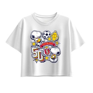 Girls' - Peanuts - Snoopy Soccer Stickers Short Sleeve Boxy Graphic T-Shirt - 1 of 2