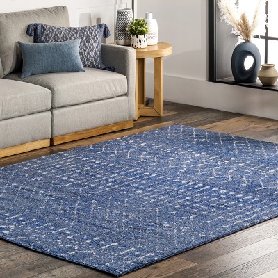 Dark Blue Trellis Synthetic Reversible Runner Rug