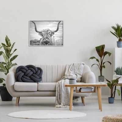 Gray Framed Black and White Highland Cow Canvas Print, 25x32