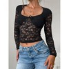 Women's Sheer Floral Lace Long Sleeve Crop Top - Sweetheart Neckline with Bow Accent - 3 of 4