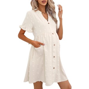 Maternity Swiss Dot Dress Summer V Neck Short Sleeve Button Down Mini Dress Baby Shower Photoshoot with Pockets - 1 of 4