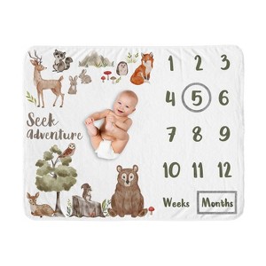 Sweet Jojo Designs Boy Girl Gender Neutral Unisex Baby Milestone Blanket Watercolor Woodland Forest Animals Multicolor - 1 of 4