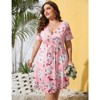 Coolmee Plus Size Women's  Boho Floral Summer Dress V Neck  Short Sleeve Ruffle Flowy Beach Midi Dresses With Pocket - 3 of 4