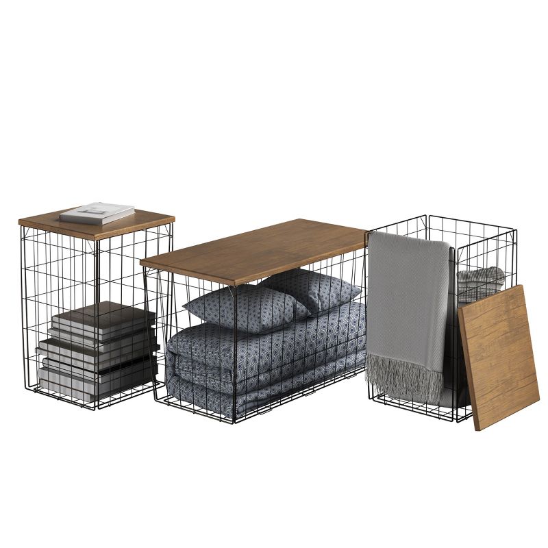 Lavish Home Set of 3 Living Room Tables - Metal Basket Storage with Removable Lids - 2 Small Side and 1 Large Accent Table (Brown/Black), 4 of 9