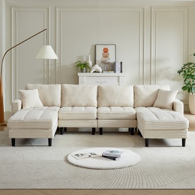 MAYEERTY 122.5 Inch Oversized U Shaped Modular Sofa Corduroy Fabric 2 Pillows 2 Ottomans Plastic Legs Beige Living Room Sectional