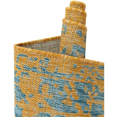 Yellow and Aqua Square Medallion Outdoor Rug