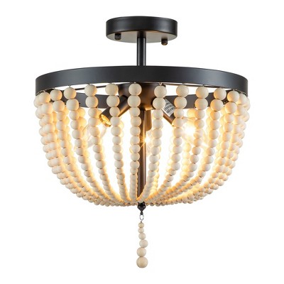 C Cattleya 13.75 in. 3-Light Black Finish Natural Wood Beaded Semi Flush Mount