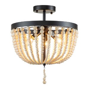 C Cattleya 13.75 in. 3-Light Black Finish Natural Wood Beaded Semi Flush Mount - 1 of 4