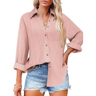 Zeagoo Womens Button Down Shirts Long Sleeve Dress Shirt Textured Collared Work Blouse Dressy Casual Tops with Pocket