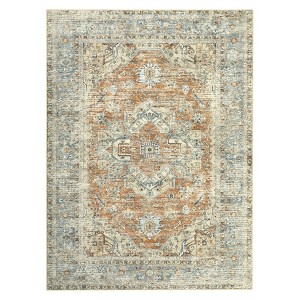 8'x10' Washable Floral Medallion Living Room Rugs, Distressed Print Retro Accent Bedroom Carpet, Large Low Pile Dining Room Rugs, Orange - 1 of 4