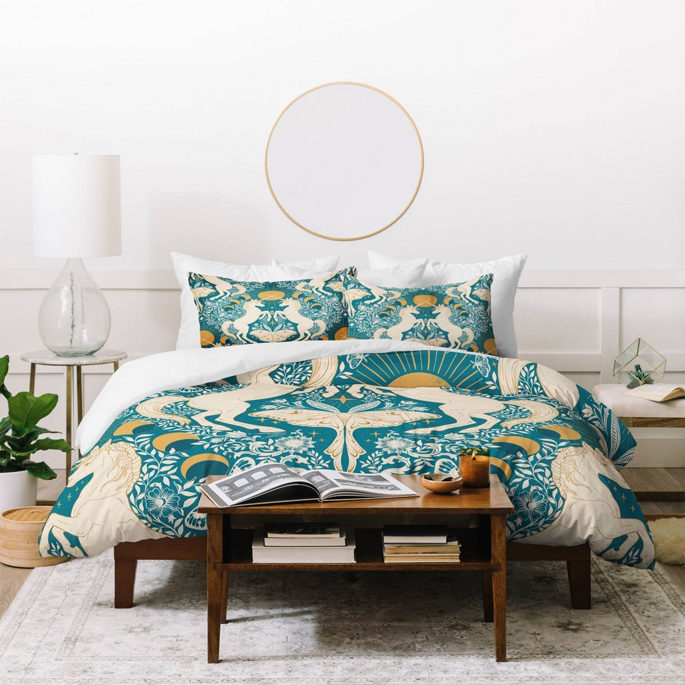 Photos - Duvet Deny Designs Queen Avenie Unicorn Damask  Cover and Pillow Shams Turquoise Gold: Abstract Non-Woven Comforter Set