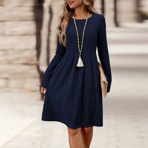 Womens Long Sleeve Fall Dresses 2025 Ribbed Knit Casual Crew Neck Knee Length Sweater Dress - 1 of 4