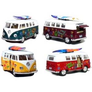 KiNSMART 1962 Volkswagen Classic Bus 1:32 Scale 5" Die Cast Metal Model Toy Van Pullback Acation (4 Set Surfboard Flower Power) - 1 of 4