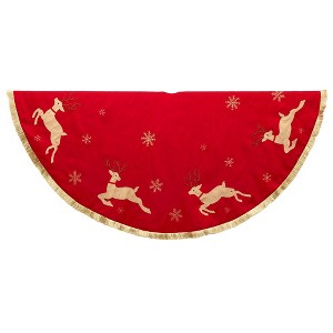 Kurt Adler 54-Inch Red and Tan Patchwork Reindeer Running Tree Skirt - 1 of 4