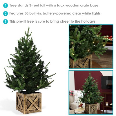 3-Foot Green Fir Tabletop Christmas Tree with White LED Lights and Faux Wooden Crate Base
