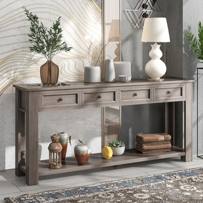 Console Tables, Narrow Sofa Table With 4 Drawers, Bottom Shelf, Solid Wood Frame And Legs Farmhouse Entryway Table Cabinet