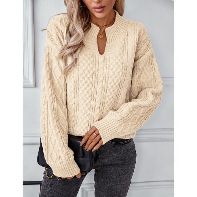 Women's Cable Knit Mock Neck Sweater, Notch Neck Long Sleeve Pullover with Ribbed Trim