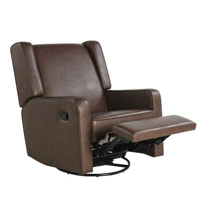 Brown Faux Leather Swivel Recliner with Wood Frame