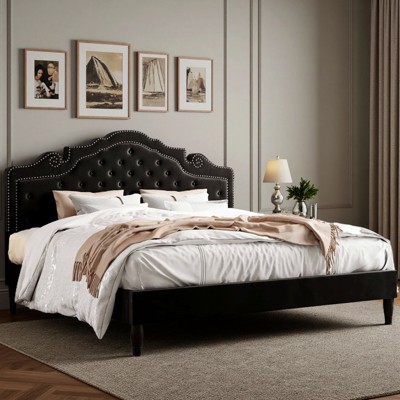 King Size Bed with Velvet Tufted Headboard, Upholstered Platform Bed Frame, Wood Slats Support