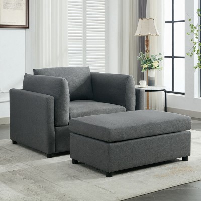 CAVINAS Oversized Armchair with Ottoman,Plush Linen Accent Chair with Lumbar Support,Modern Comfy Reading Chair for Living Room,Bedroom