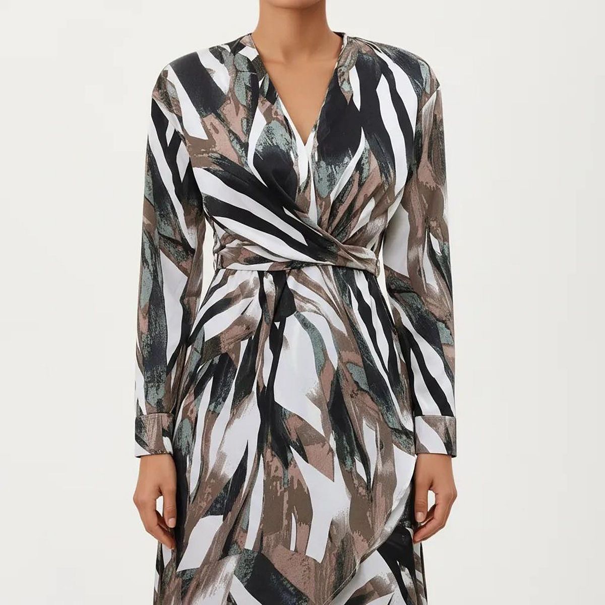 Anna-Kaci Women's Abstract Print Long Sleeve Wrap Dress with Belt and Asymmetrical Hem for a Flattering Fit - thumbnail 4