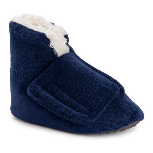 Muk Luks Mens Adjustable Shearling Bootie Navy Medium 9 10.5