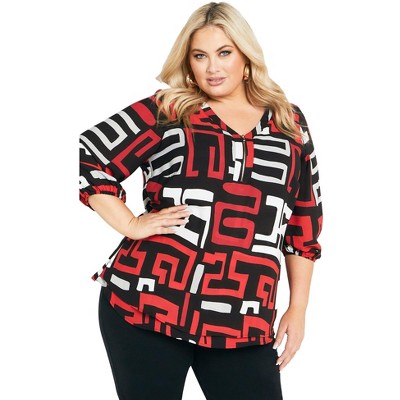 Avenue Women's Plus Size Meila Zip Print Top
