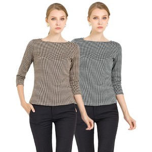INSPIRE CHIC Women's Work Office 3/4 Sleeve Boat Neck Houndstooth Printed Blouse 2 Packs - 1 of 4
