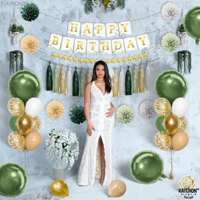 KatchOn, Sage Green Birthday Decorations - Huge Pack of 57 | Happy Birthday Banner, Pom Poms, Paper tassel |Green and Gold Birthday Decorations