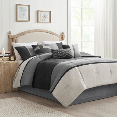 Lyngins 7-Piece Faux Suede Comforter Set – Colorblock Design, Hypoallergenic, Includes Shams, Pillows & Bed Skirt, Bedding Set for Cabin/Lodge Decor